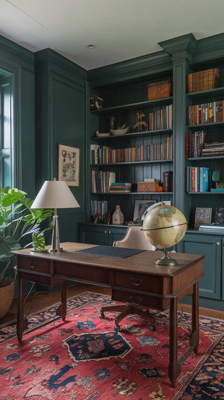 Where vintage charm meets modern functionality. This dark green haven, complete with a handcrafted wooden desk and a curated collection of books, is the perfect space for focused work and quiet contemplation. A sanctuary for the mind, a testament to thoughtful design.