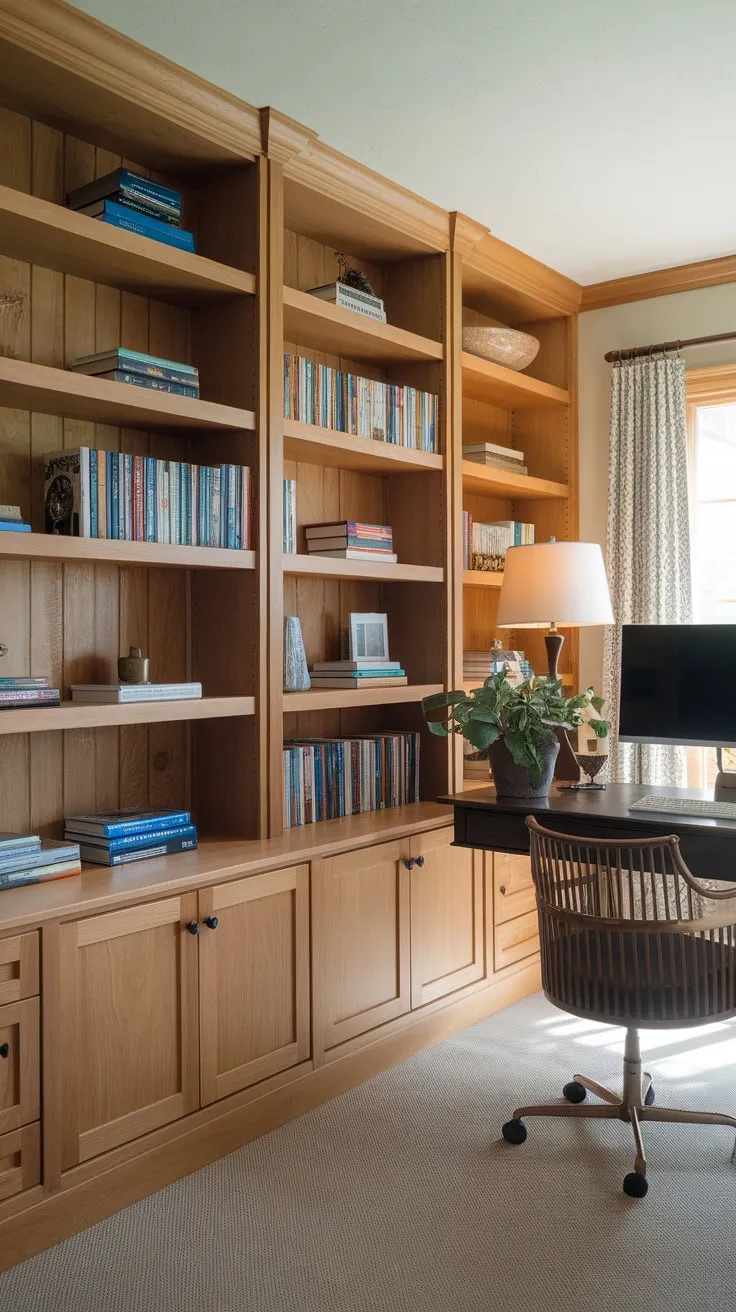 Warm wood bookshelves anchor a functional home office, complemented by a desk, plant, and inviting carpet.