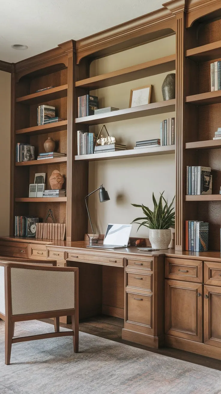 Built-in wooden bookshelves enhance a functional home office, complementing a wooden desk and creating a warm, inviting study space.