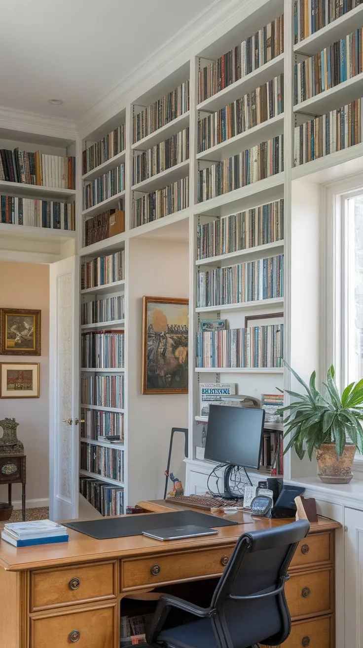 Built-in bookshelves create a stunning and functional home office, maximizing storage while maintaining a comfortable and aesthetically pleasing atmosphere.