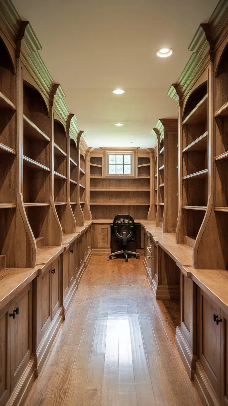 A rustic basement home office boasts floor-to-ceiling built-in wooden bookshelves creating a captivating and functional study space