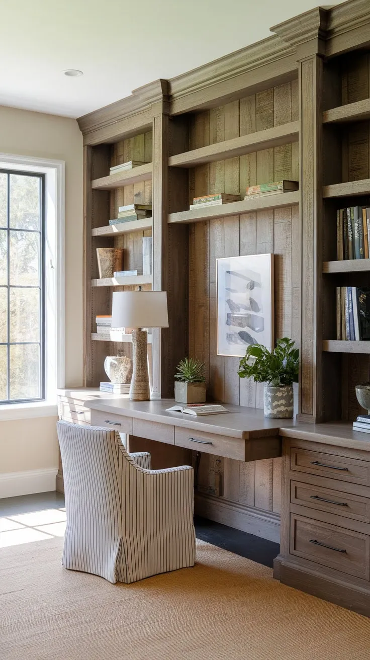 Sunlight streams into a rustic home office where a wall of wooden bookshelves stands proudly behind a cozy desk.
