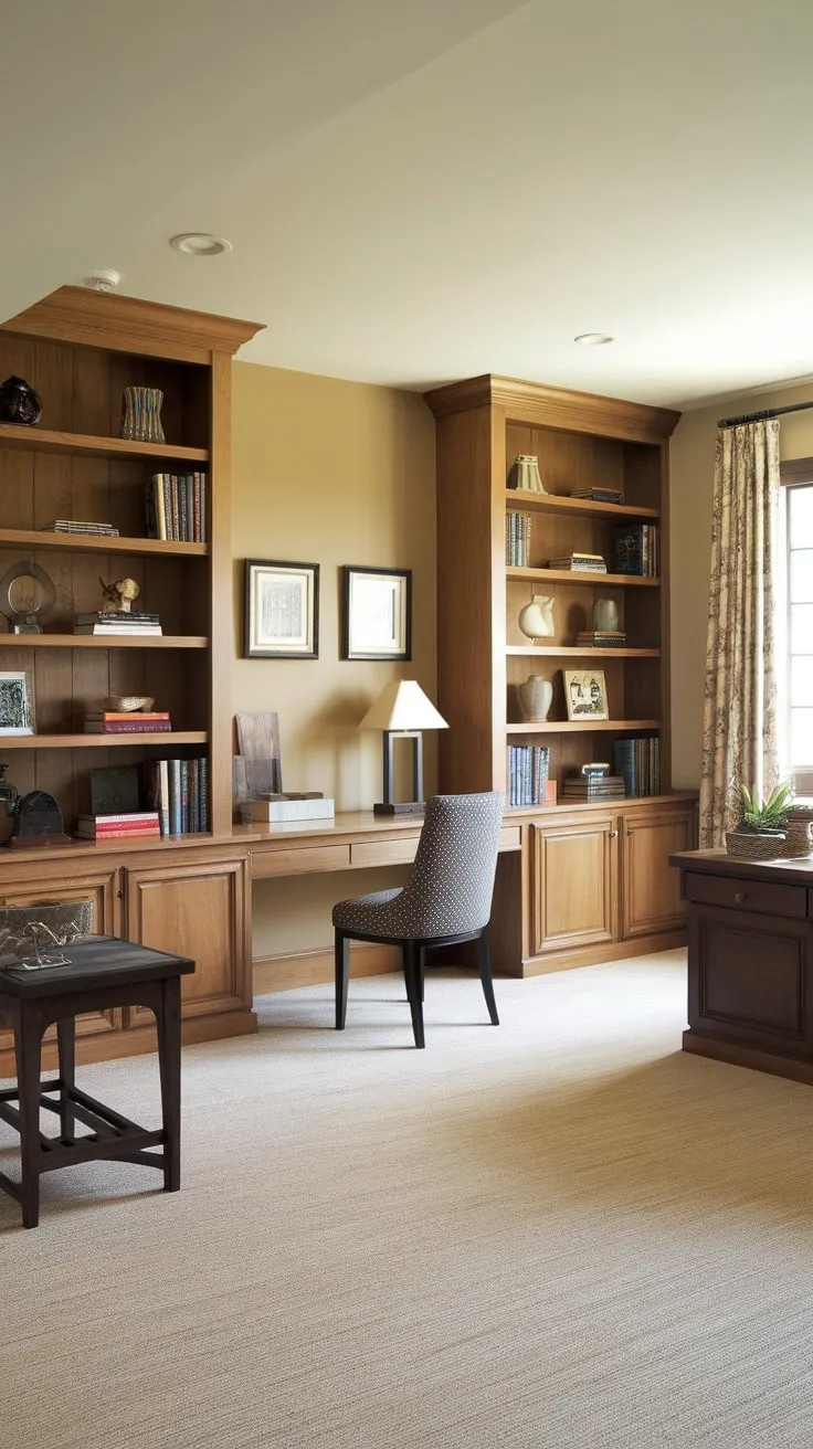 A functional and aesthetically pleasing basement home office features built-in bookshelves adding warmth and character to the beige-toned space.