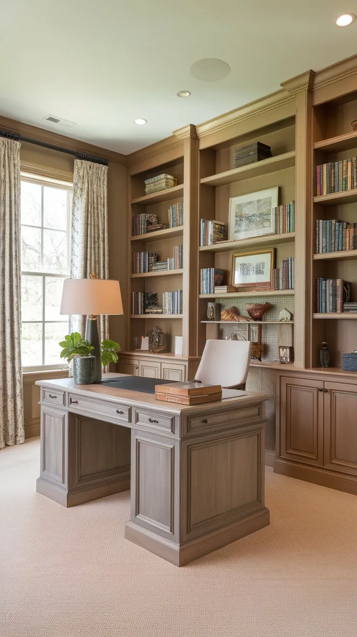 Warm beige walls and carpet create a calming backdrop for a home office featuring a wooden desk and substantial built-in bookshelves filled with literary treasures and decorative accents.