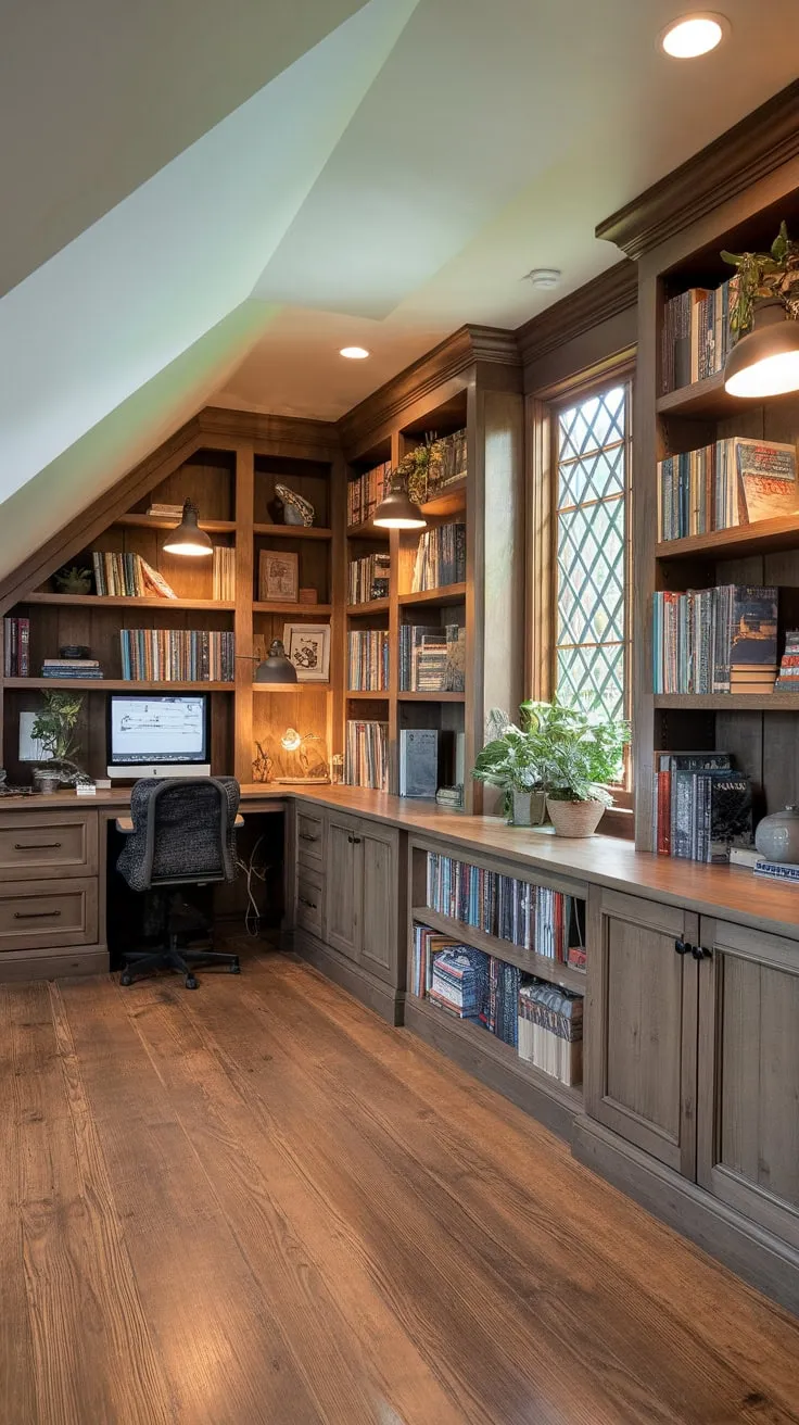 Rustic charm meets functionality in a well-lit basement office featuring built-in bookshelves filled with literary treasures and greenery.