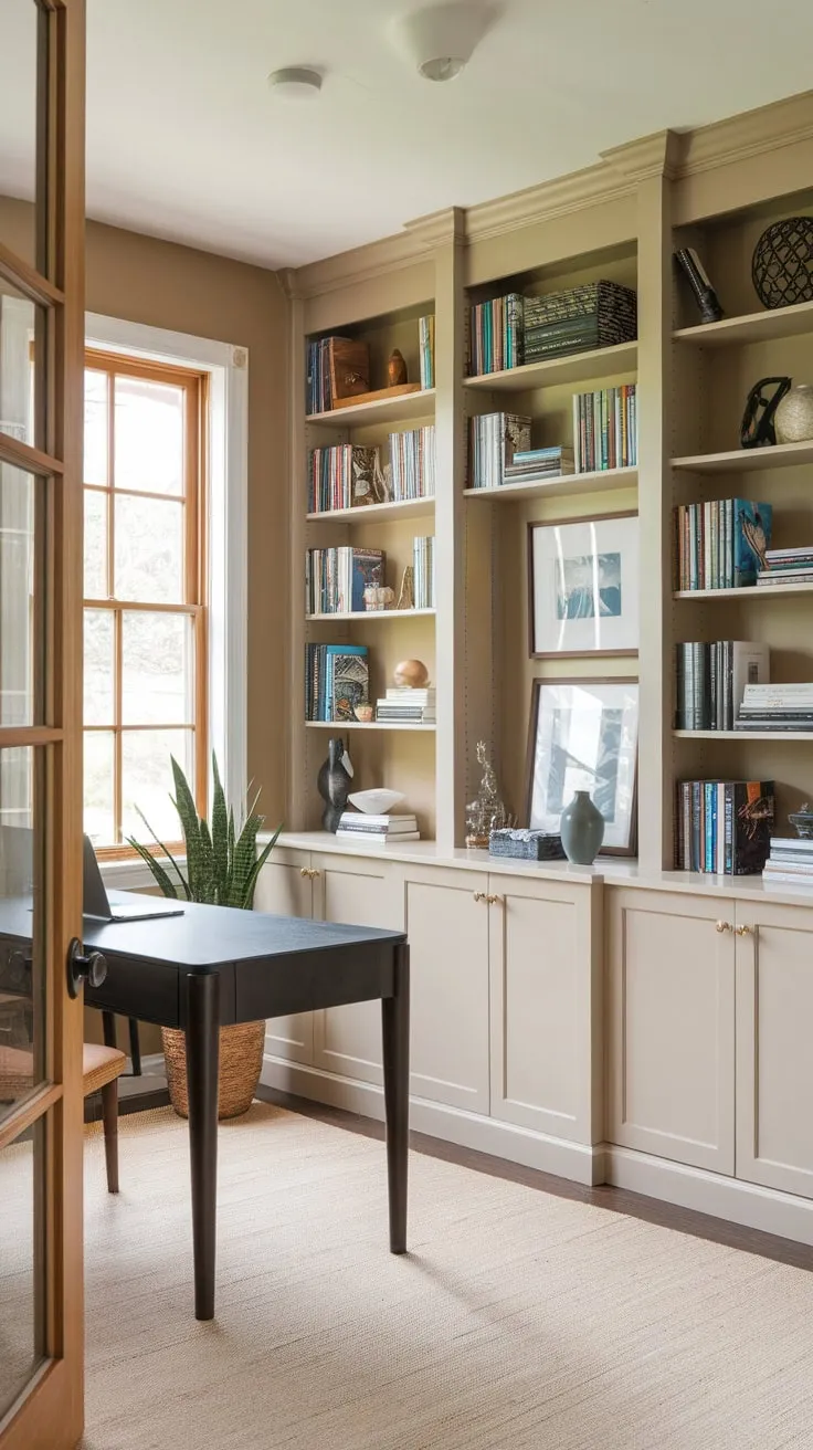 A home office makeover boasts built-in bookshelves overflowing with books and decorative items, creating a warm and inviting workspace.
