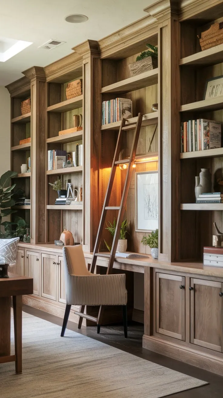A warm and inviting home office features built-in rustic wood bookshelves reaching the ceiling, complete with a sliding ladder and a comfortable workspace.