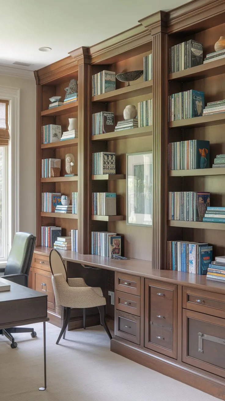 Built-in bookshelves filled with books and decorative items create a warm and inviting atmosphere in this functional home office.