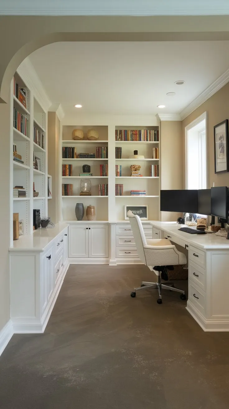 A bright basement home office boasts built-in bookshelves overflowing with books and decor, complemented by a neutral palette and a workspace ready for productivity