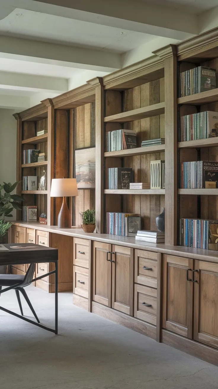 A rustic basement home office boasts a wall of built-in wooden bookshelves, complementing a concrete floor and exposed beams