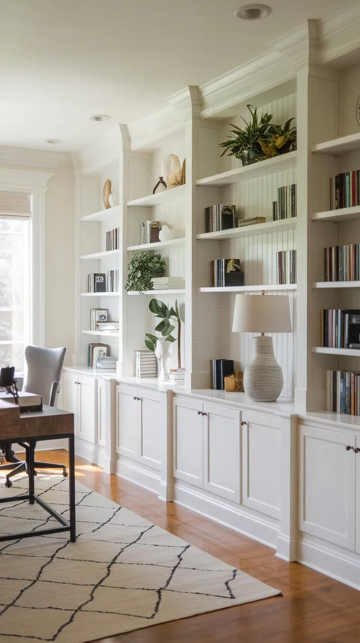 A bright home office boasts a wall of white built-in bookshelves, adding both style and storage to the hardwood-floored space