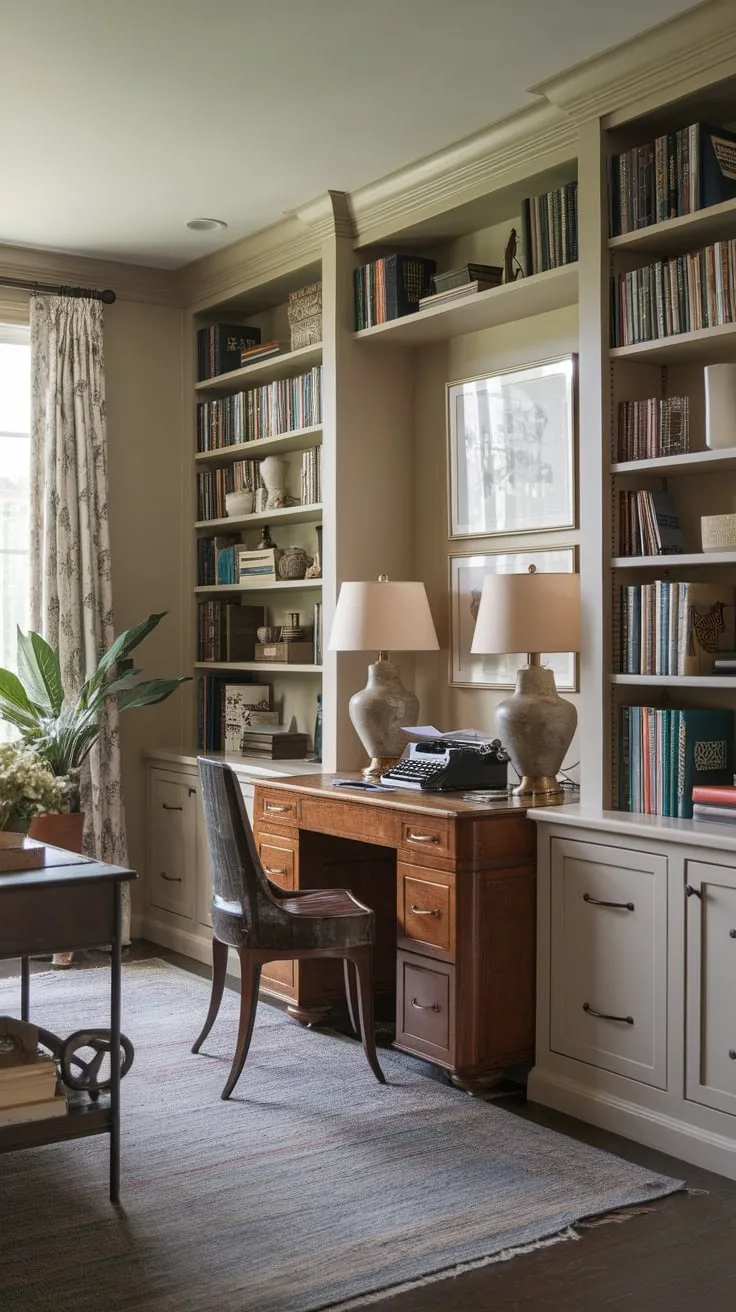 A vintage-inspired home office boasts built-in bookshelves, wooden furniture, and a cozy atmosphere perfect for focused work