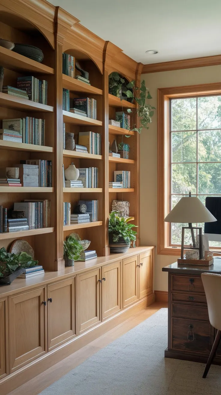 A warm, wood-paneled home office boasts floor-to-ceiling bookshelves overflowing with books and greenery, overlooking a tranquil natural view