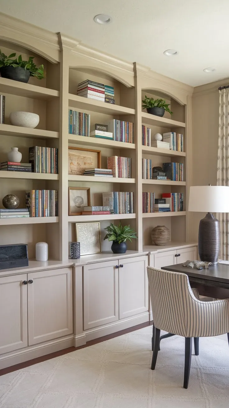 A light wood built-in bookshelf, brimming with books and greenery, anchors a calming beige home office.