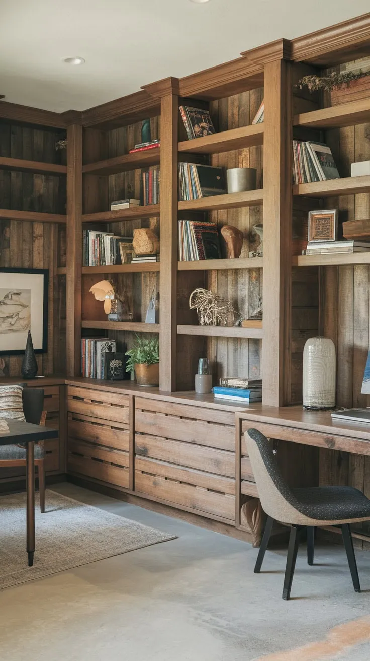 A concrete-floored basement transforms into a charming home office featuring a full wall of rustic wooden bookshelves, perfectly complementing the desk and chair.