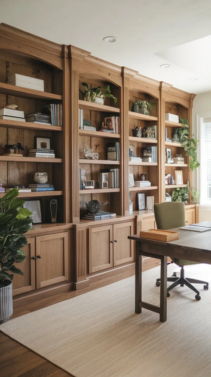 A rustic wooden wall of built-in bookshelves brimming with books, plants, and decor creates a bright and inviting home office.