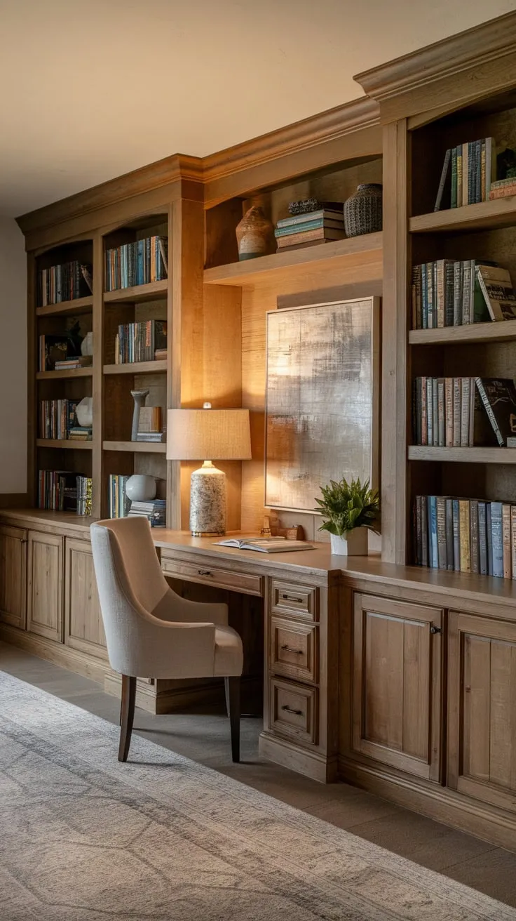 Warm lighting illuminates a charming basement home office featuring sturdy wooden bookshelves and a comfortably appointed workspace.