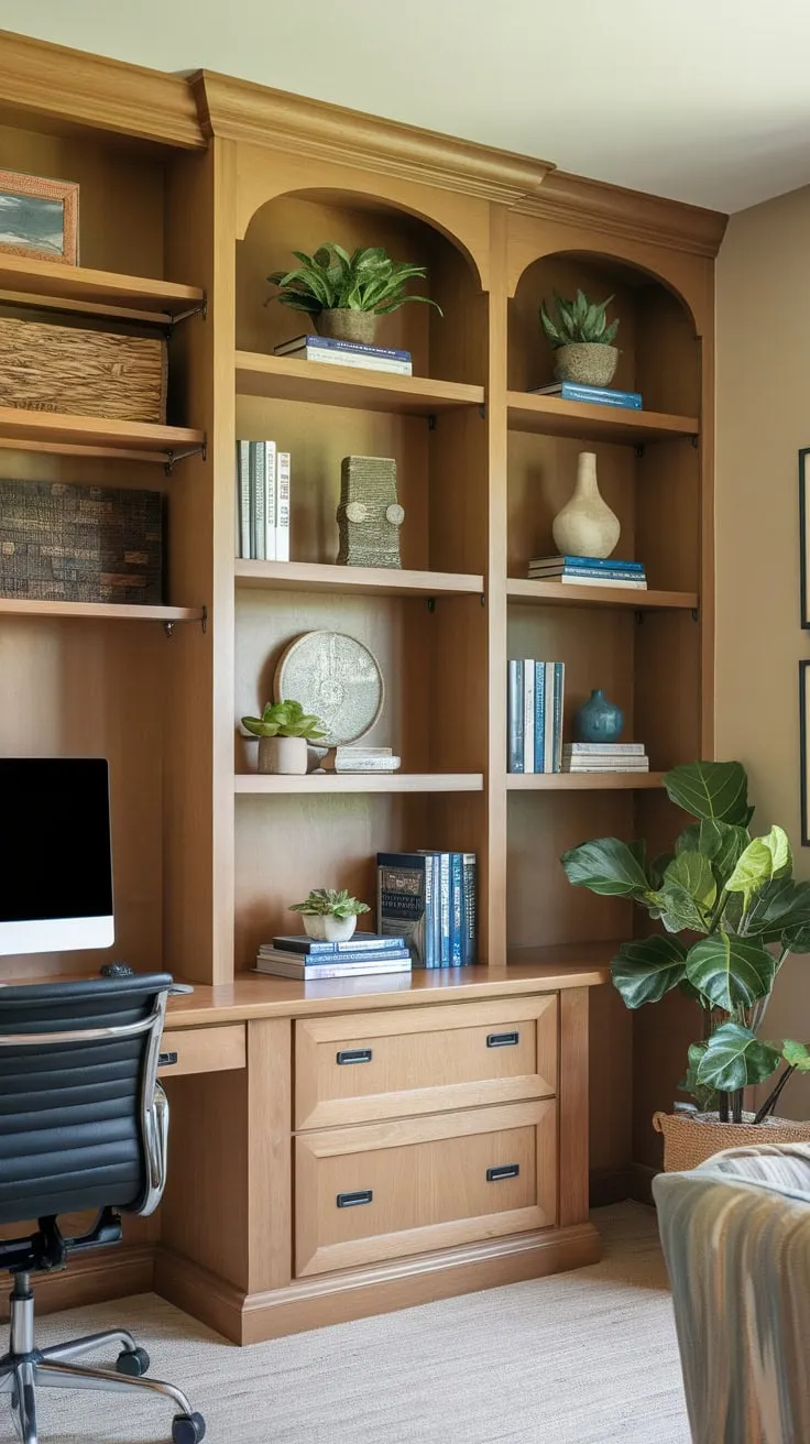 A calming beige home office boasts built-in wooden bookshelves filled with books, plants, and décor, complementing a workspace ready for productivity