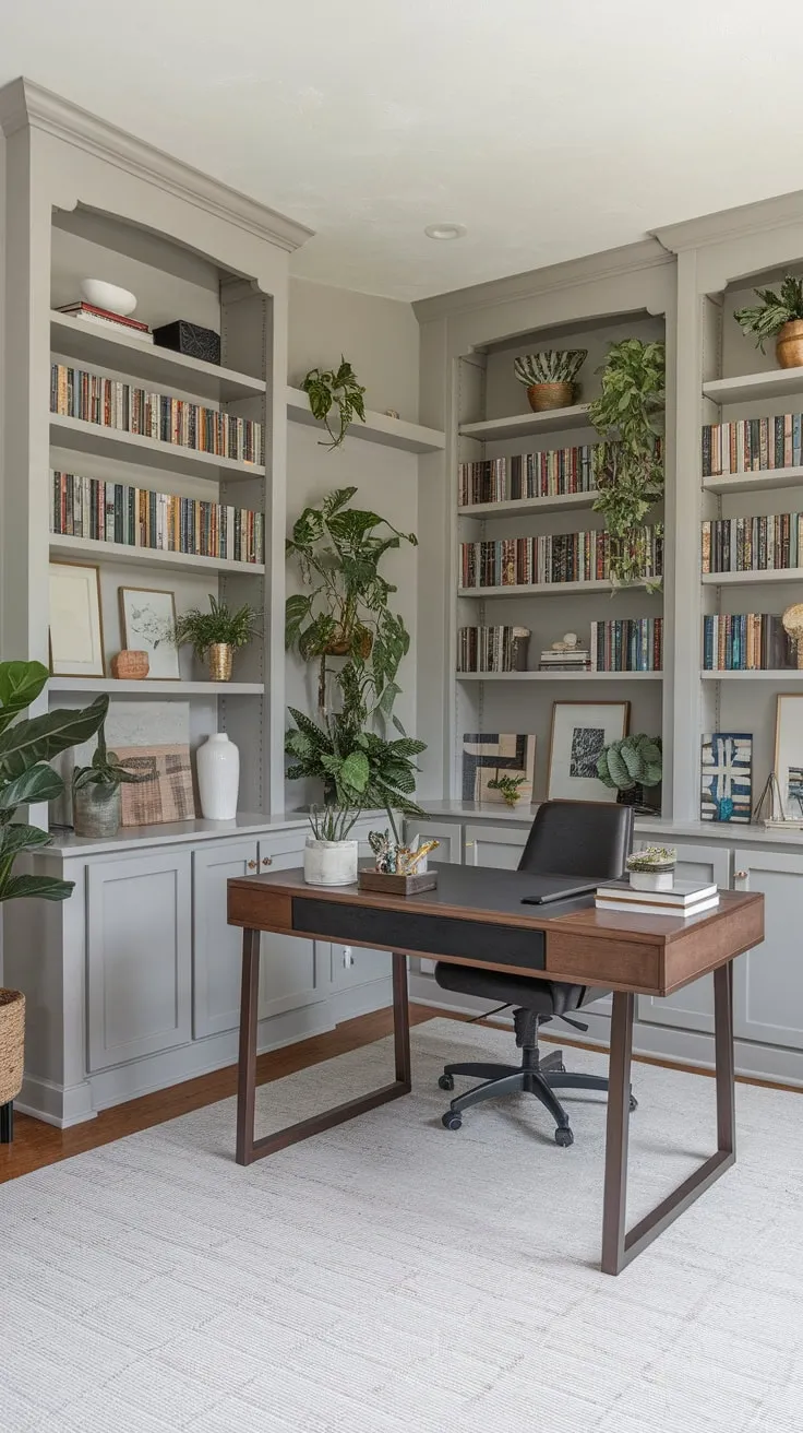 Built-in bookshelves and a wooden desk create a calming workspace in a light gray home office filled with plants.
