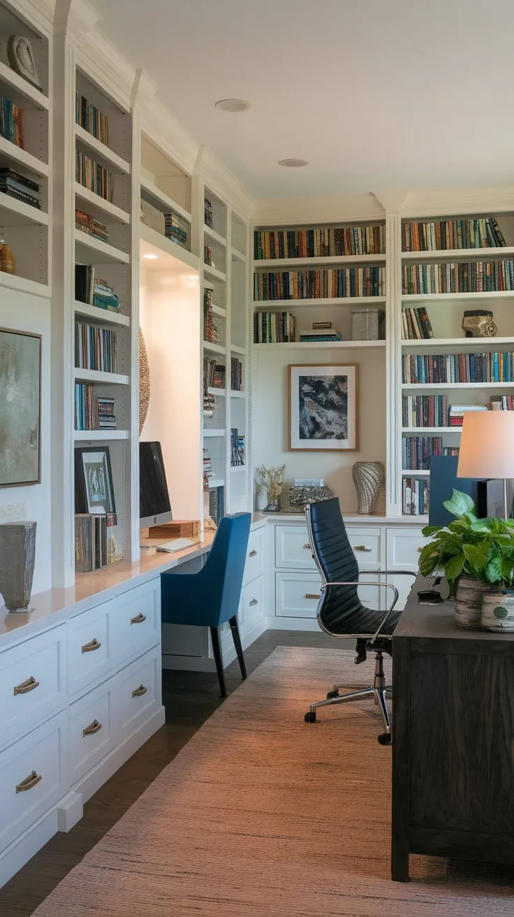A bright home office boasts built-in bookshelves overflowing with books and décor, complemented by a comfortable workspace and inspiring artwork.