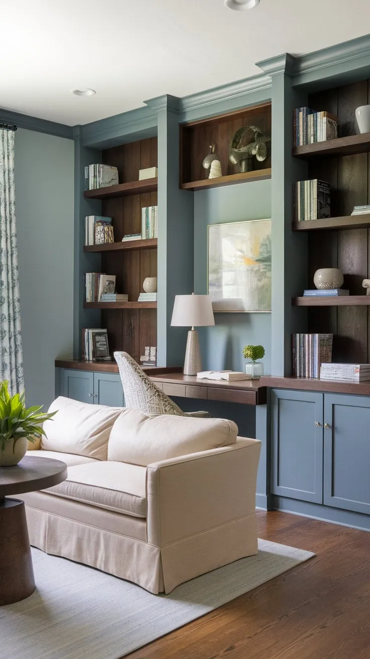 Built-in bookshelves transform a home office into a serene workspace with a light blue accent wall beige sofa and hardwood floors creating a calm and organized atmosphere.