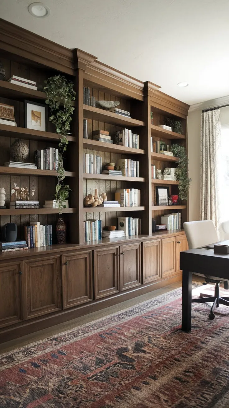 A sunlit home office boasts a wall of dark wood bookshelves overflowing with books, plants, and treasures, creating a warm and inspiring workspace