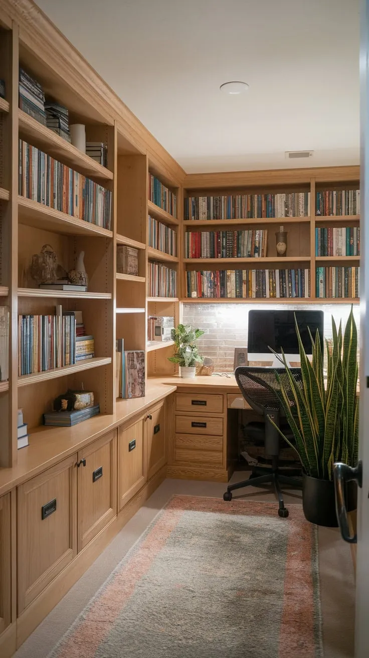 A well-lit basement workspace features ample built-in wooden bookshelves, a desk, and a rug creating a cozy and productive home office environment.