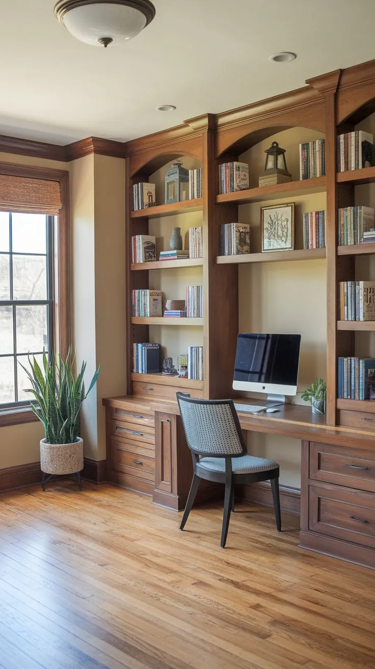 A home office makeover boasts built-in wooden bookshelves filled with books and décor, complementing a warm wooden floor and beige walls.