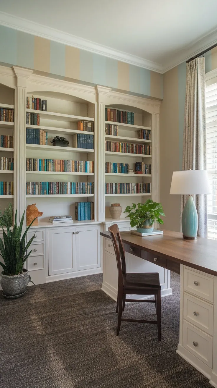 A serene home office boasts built-in bookshelves, a wooden desk, and striped walls creating a perfect workspace