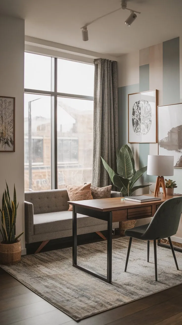 Relax and work in style in this inviting home office featuring a plush couch, large window, and a functional yet aesthetically pleasing workspace.