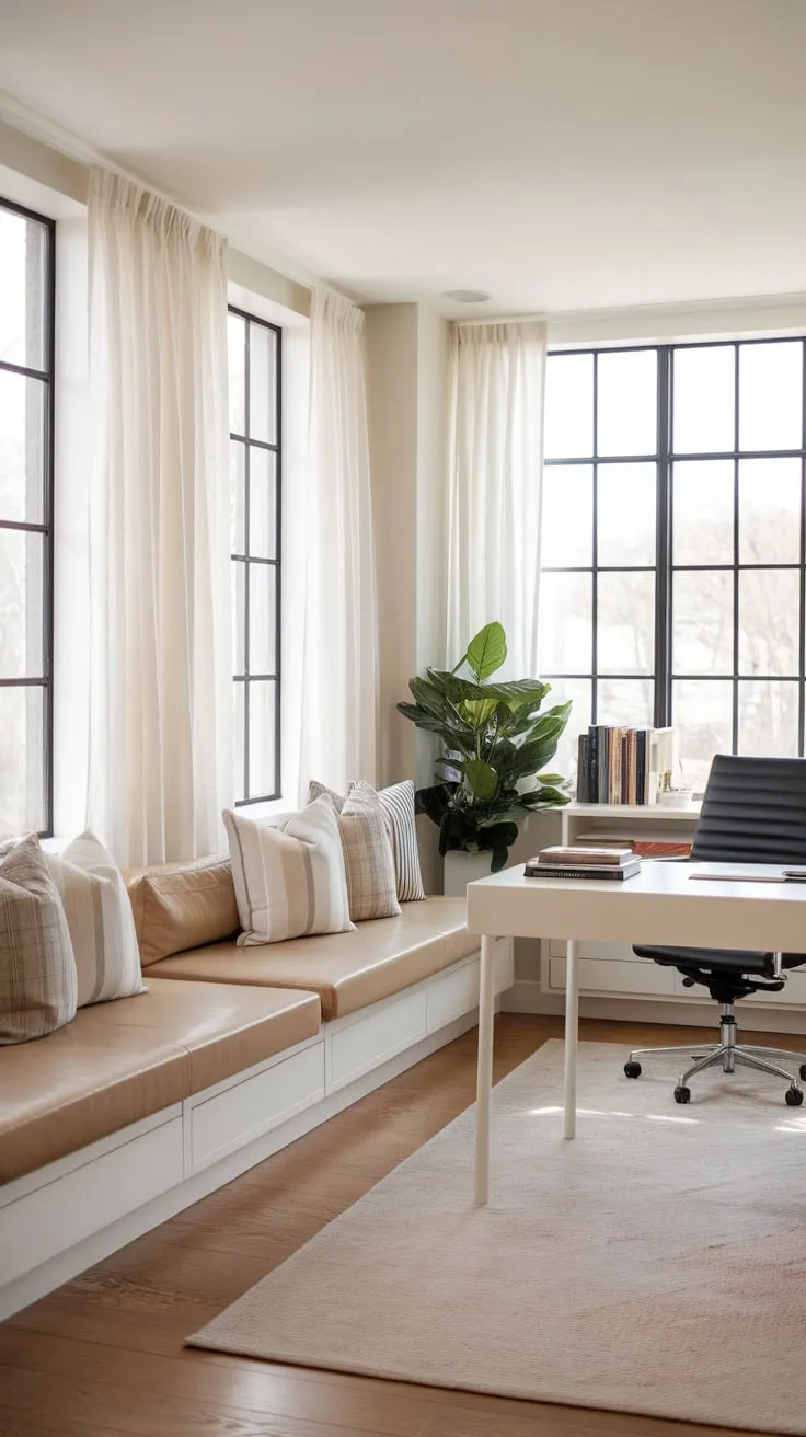 A modern home office seamlessly blends work and relaxation with a comfortable couch, hardwood floors, and ample natural light