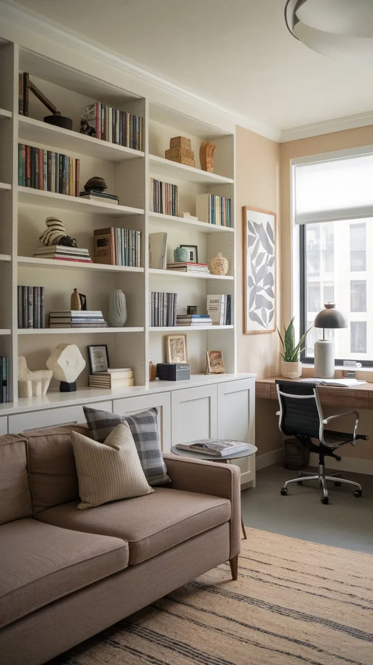 Work from home in style a light and airy office featuring a comfy couch perfect for breaks and a productive workspace.