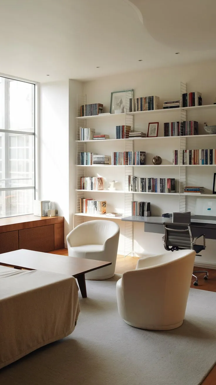 A modern home office seamlessly blends productivity at a gray desk with relaxation in a cozy sitting area featuring a beige couch, white chairs, and abundant natural light