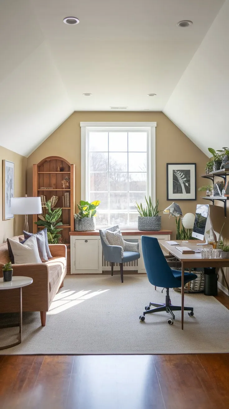 A sunlit bonus room boasts a modern home office seamlessly blending work space with a comfy couch and natural light