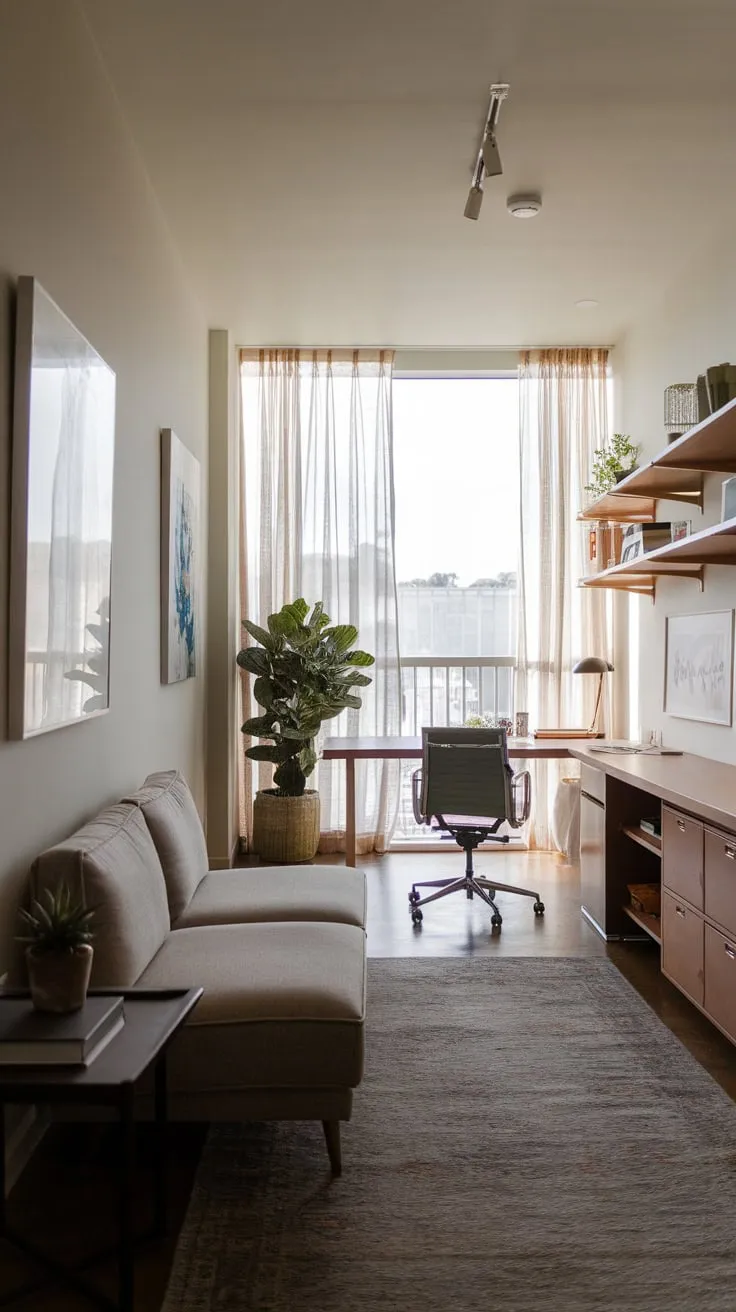 Sunlight streams into a stylish home office where a plush couch creates a relaxing contrast to the efficient desk and shelving.