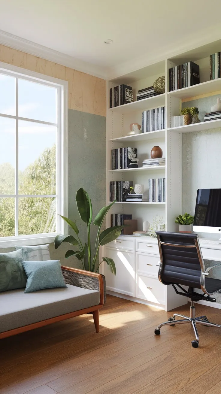 A serene modern home office boasts a comfy couch, natural light, and inspiring greenery, perfect for work and relaxation