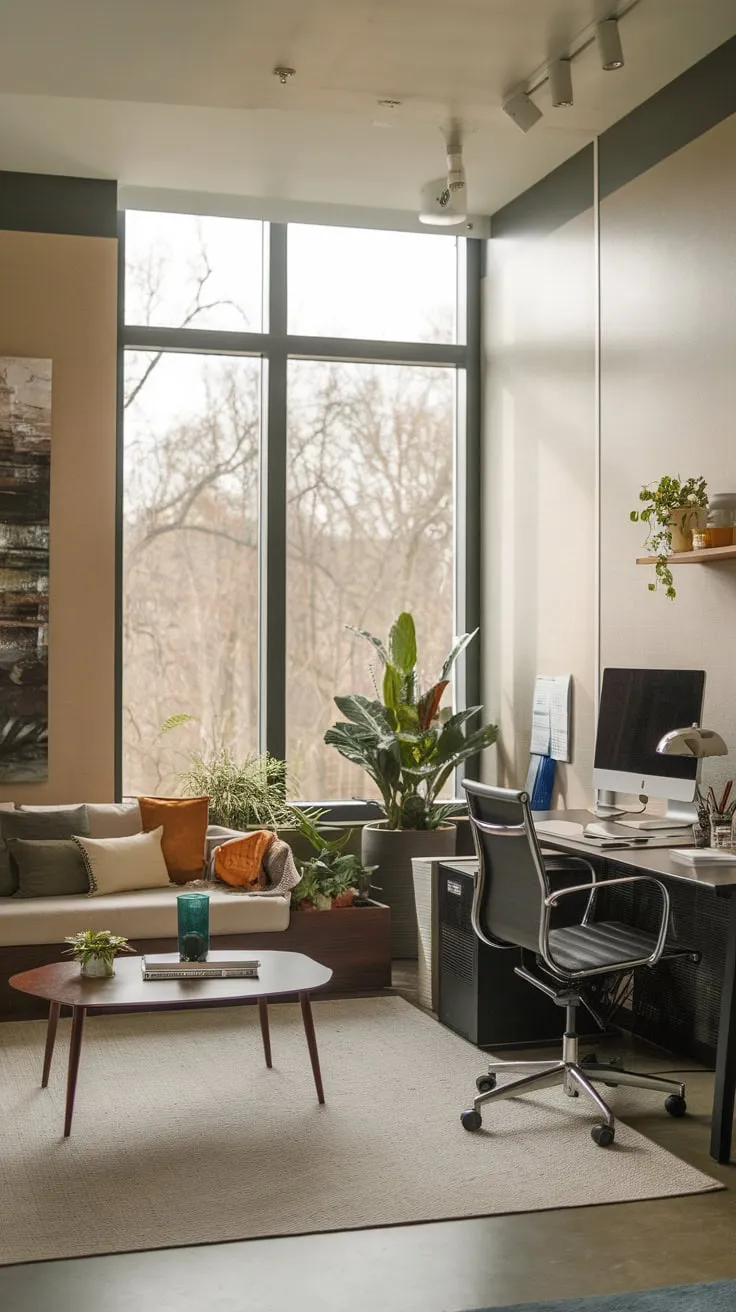 A modern home office seamlessly blends work and relaxation with a comfortable couch and treetop views from a large window