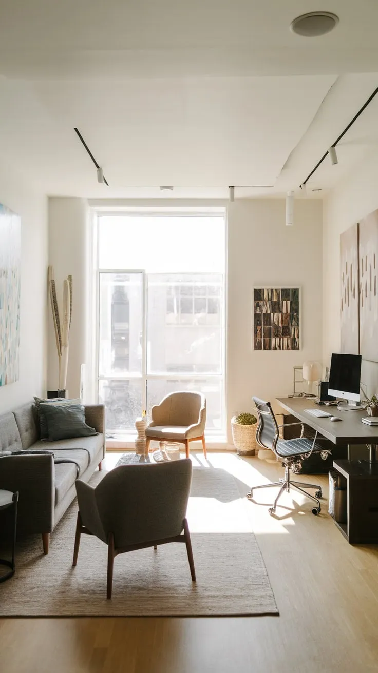 Sunlight streams into a stylish home office featuring a desk and a cozy sitting area with a couch, creating a productive yet inviting atmosphere.