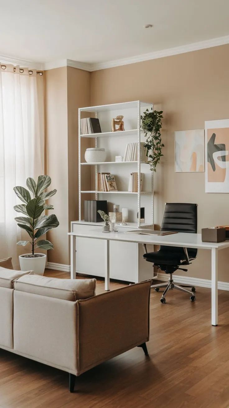 Modern design meets comfort in this home office, its white desk and black chair complemented by a cozy couch and beige walls for a productive yet relaxing atmosphere.