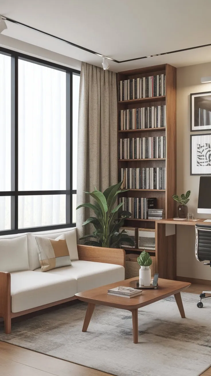 A stylish home office blends comfortable couch seating with a productive workspace, creating a relaxing yet efficient environment