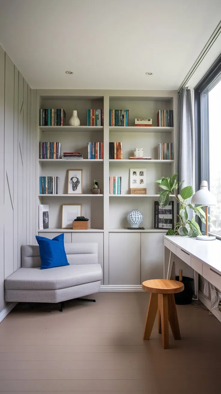 A light and airy home office features a comfortable sitting area with a gray couch, seamlessly blending work and relaxation.