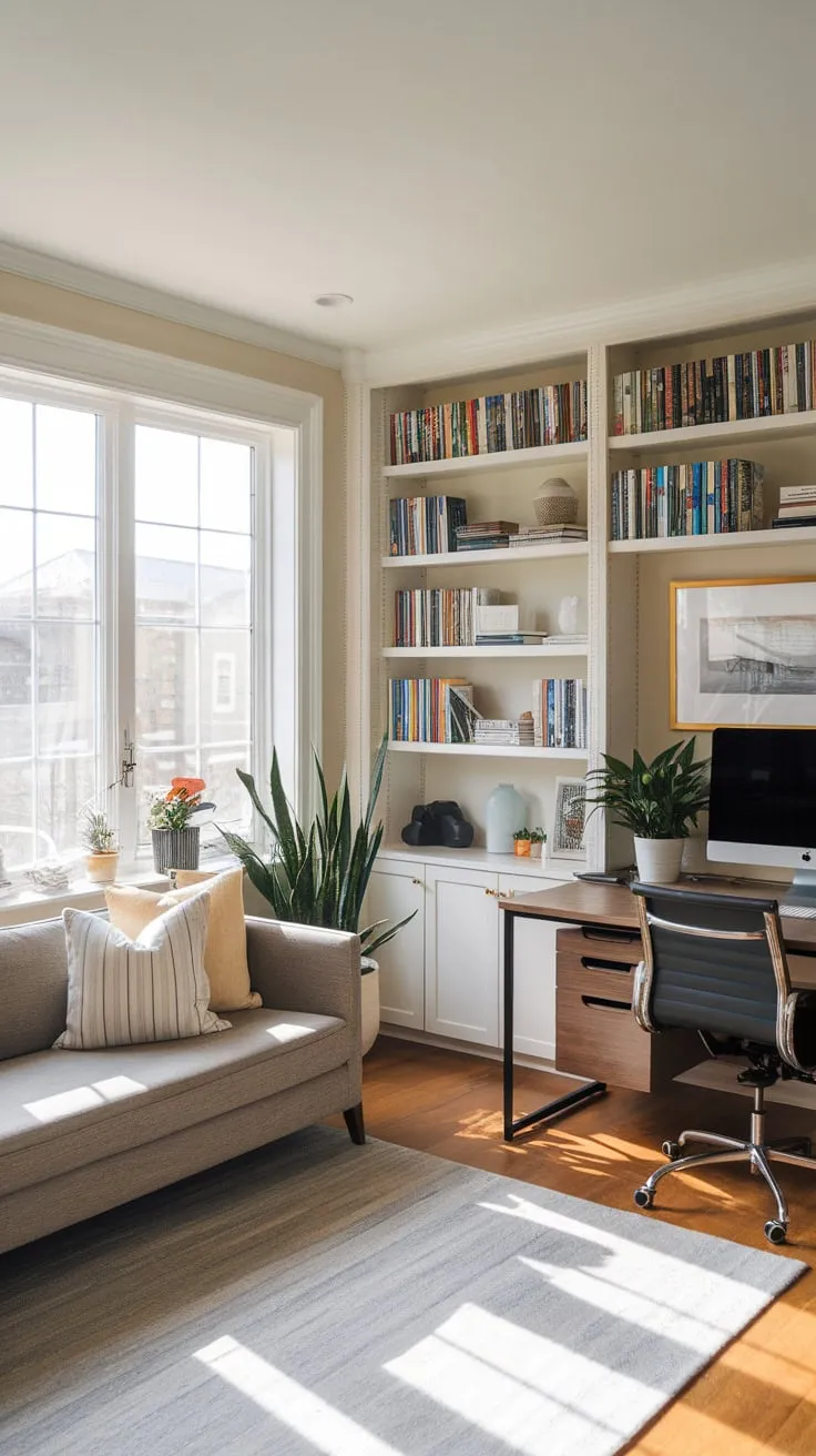 Hardwood floors and light walls complement a stylish desk, plants, and a cozy sitting area in this inviting home office with a couch.