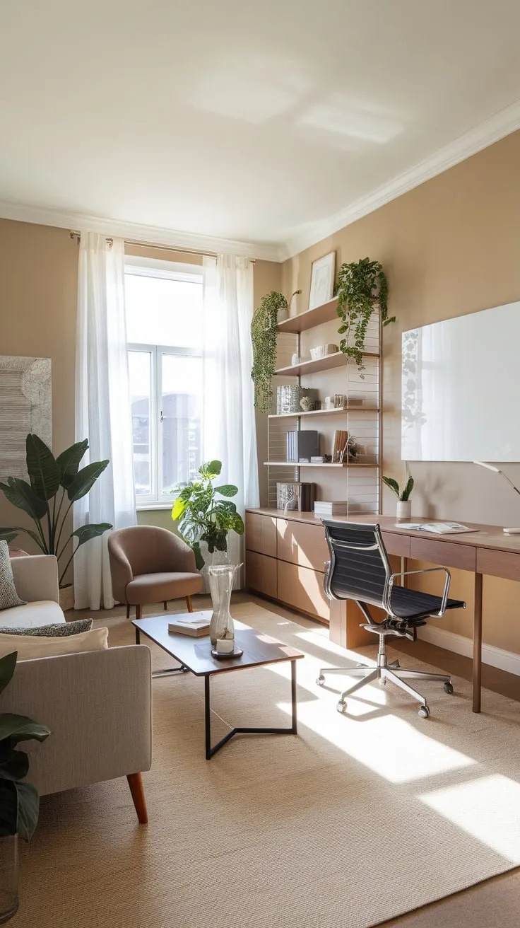 A modern beige home office seamlessly blends workspace efficiency with a relaxing sitting area featuring a couch, chairs, and ample natural light