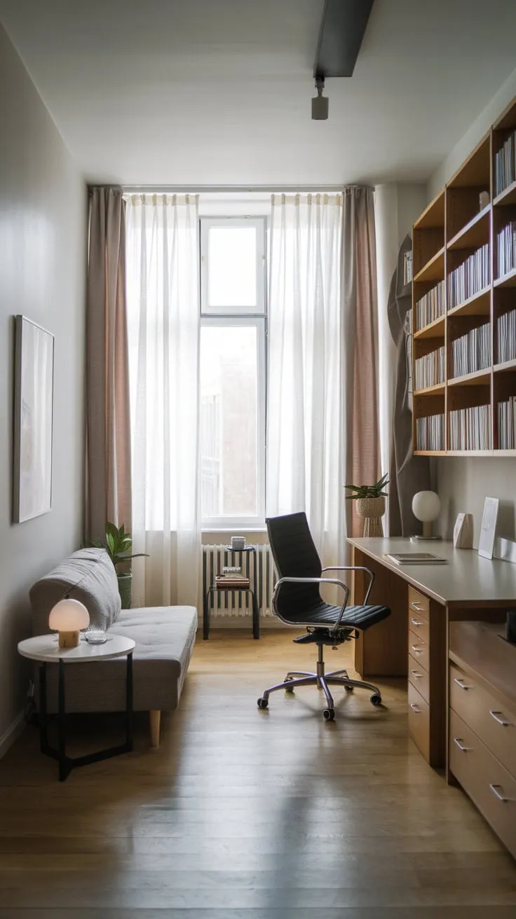 A modern home office seamlessly blends work and relaxation with a comfortable couch and dedicated workspace.