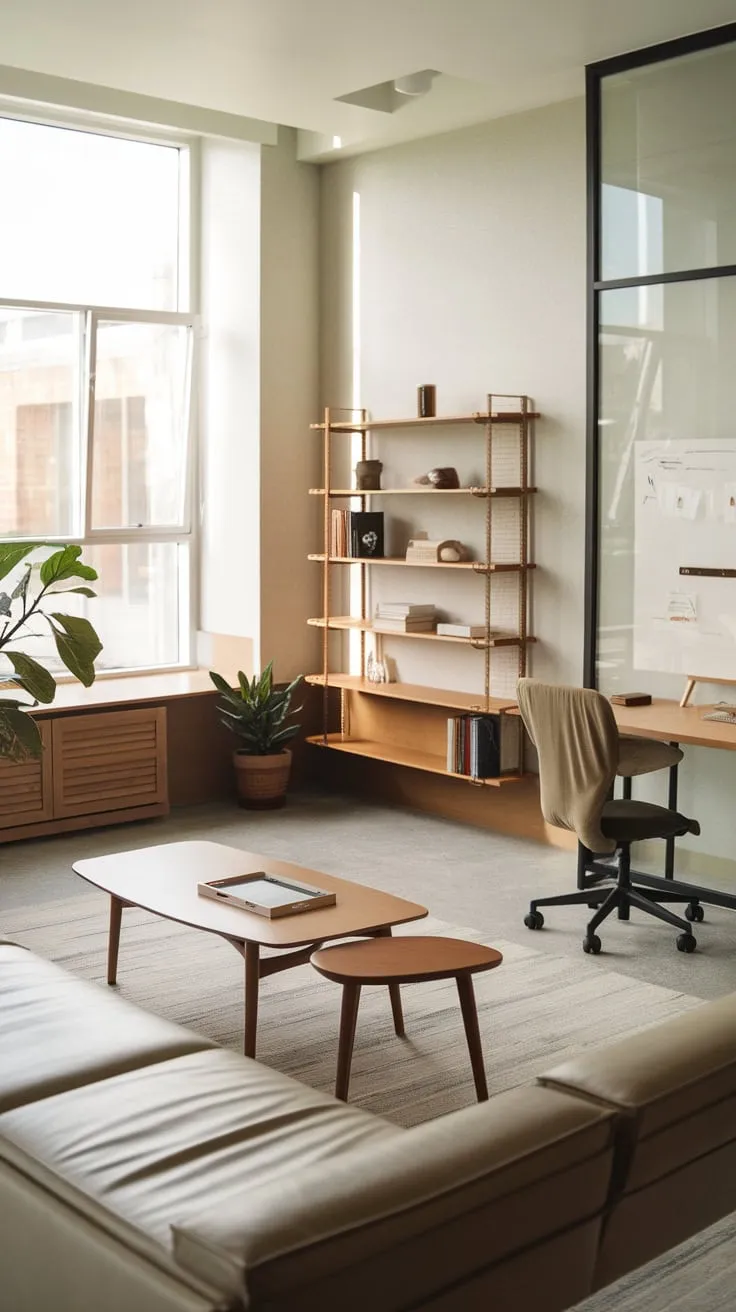 A light grey modern home office seamlessly blends work and relaxation with a beige couch, wooden accents, and ample natural light