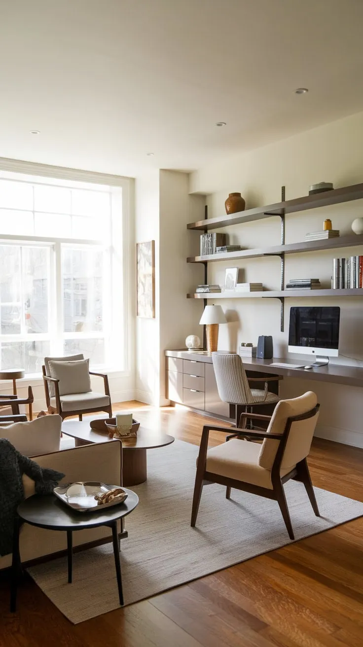 A modern home office seamlessly blends work and relaxation with a comfortable couch, ample natural light, and stylish built-in shelving