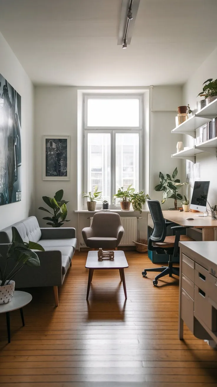 A modern home office seamlessly blends workspace efficiency with a cozy couch-and-chair sitting area, creating a productive yet relaxing environment.