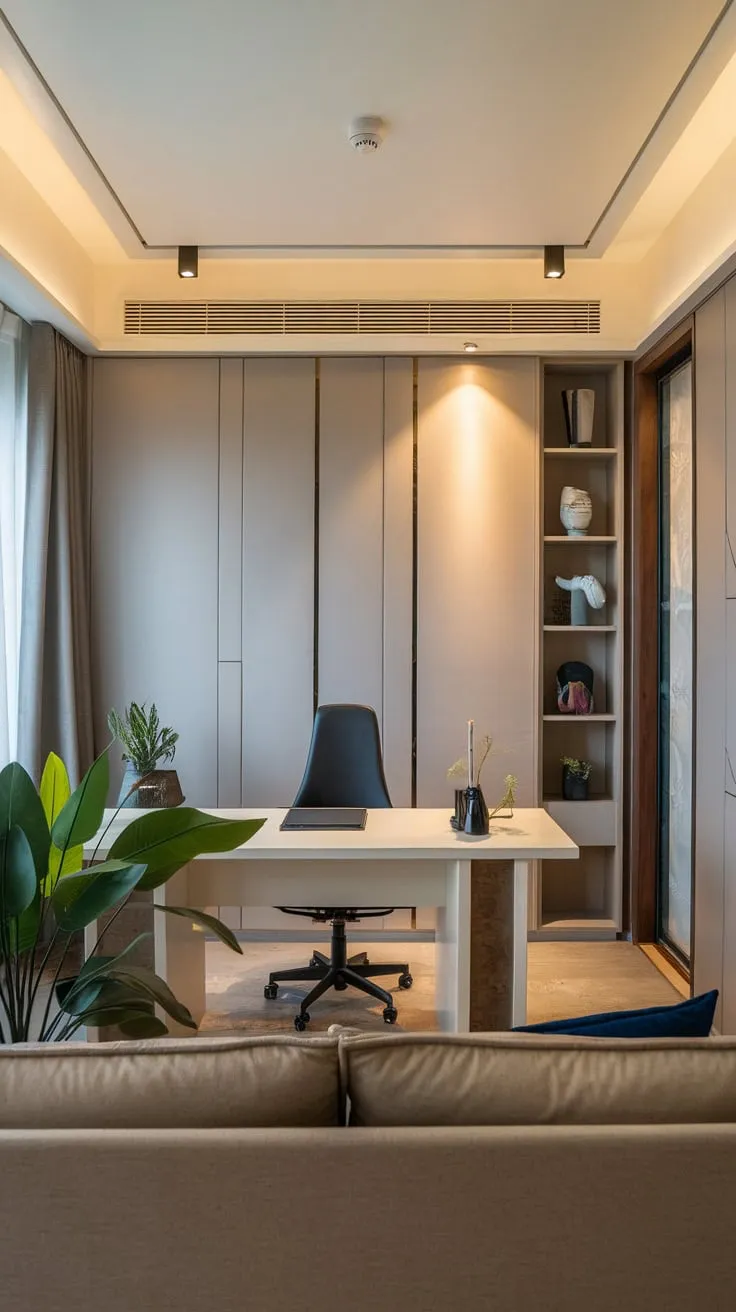 Warm lighting and stylish décor create a welcoming atmosphere in this home office featuring a comfortable couch and efficient desk.