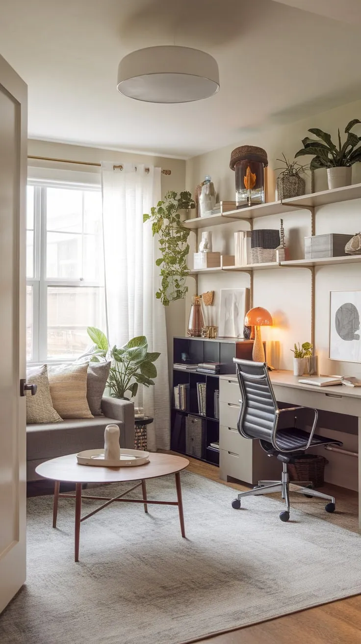 Transform your home with a stylish office featuring a window-side couch, creating a versatile workspace and relaxing retreat.