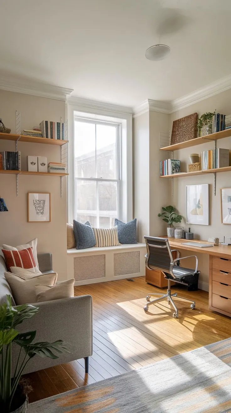 Hardwood floors, natural light, and a touch of greenery create a productive yet inviting home office featuring a cozy sitting area.